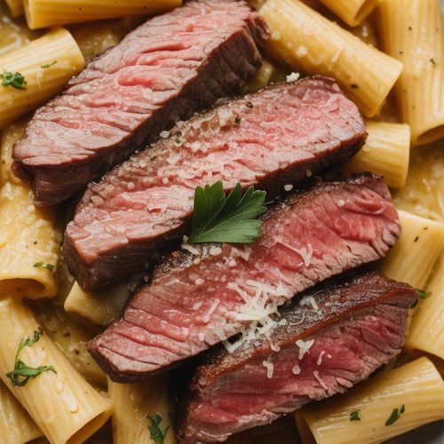 Garlic Butter Steak Parmesan Rigatoni recipe