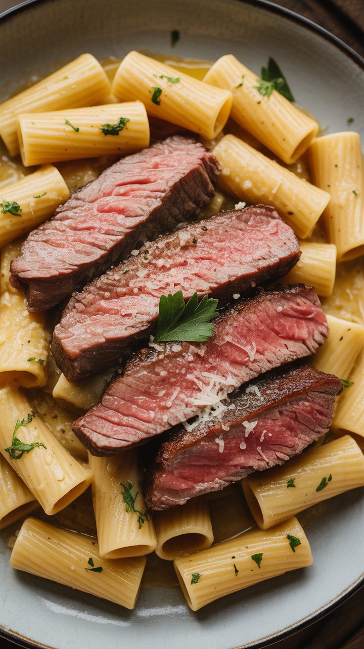Garlic Butter Steak Parmesan Rigatoni recipe