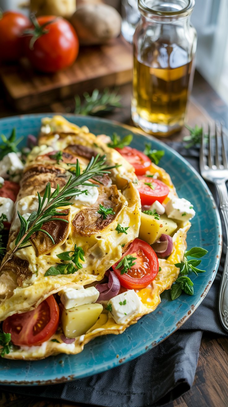 Greek Omelette with Tomato, Potatoes, and Feta Recipe