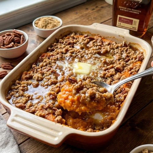 Bourbon Sweet Potato Casserole With Pecan Streusel Comfort Food Easiest Steps Big Flavor. Close Up Realistic Photo Casual Kitchen Settings