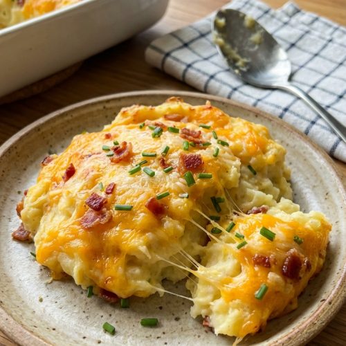 Cheesy Baked Mashed Potatoes Easy Comfort Side Dish Everyone Will Love. Close Up Plate Casual Kitchen Settings