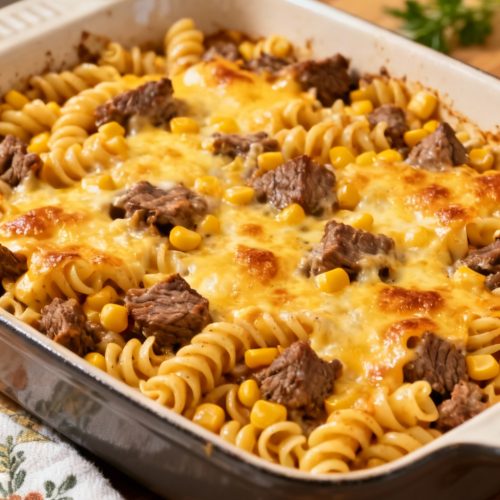 Cheesy Ranch Rotini Bake With Beef And Sweet Corn. Realistic Photo Casual Kitchen Settings