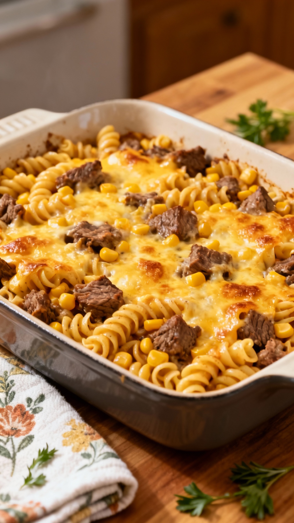 Cheesy Ranch Rotini Bake With Beef And Sweet Corn. Realistic Photo Casual Kitchen Settings