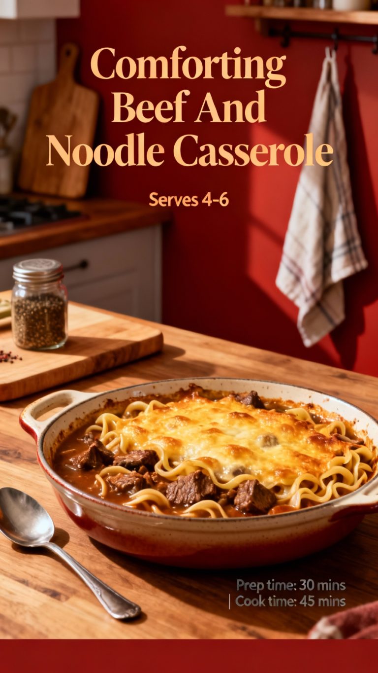 Comforting Beef And Noodle Casserole Recipe. Realistic Photo Casual Kitchen Settings