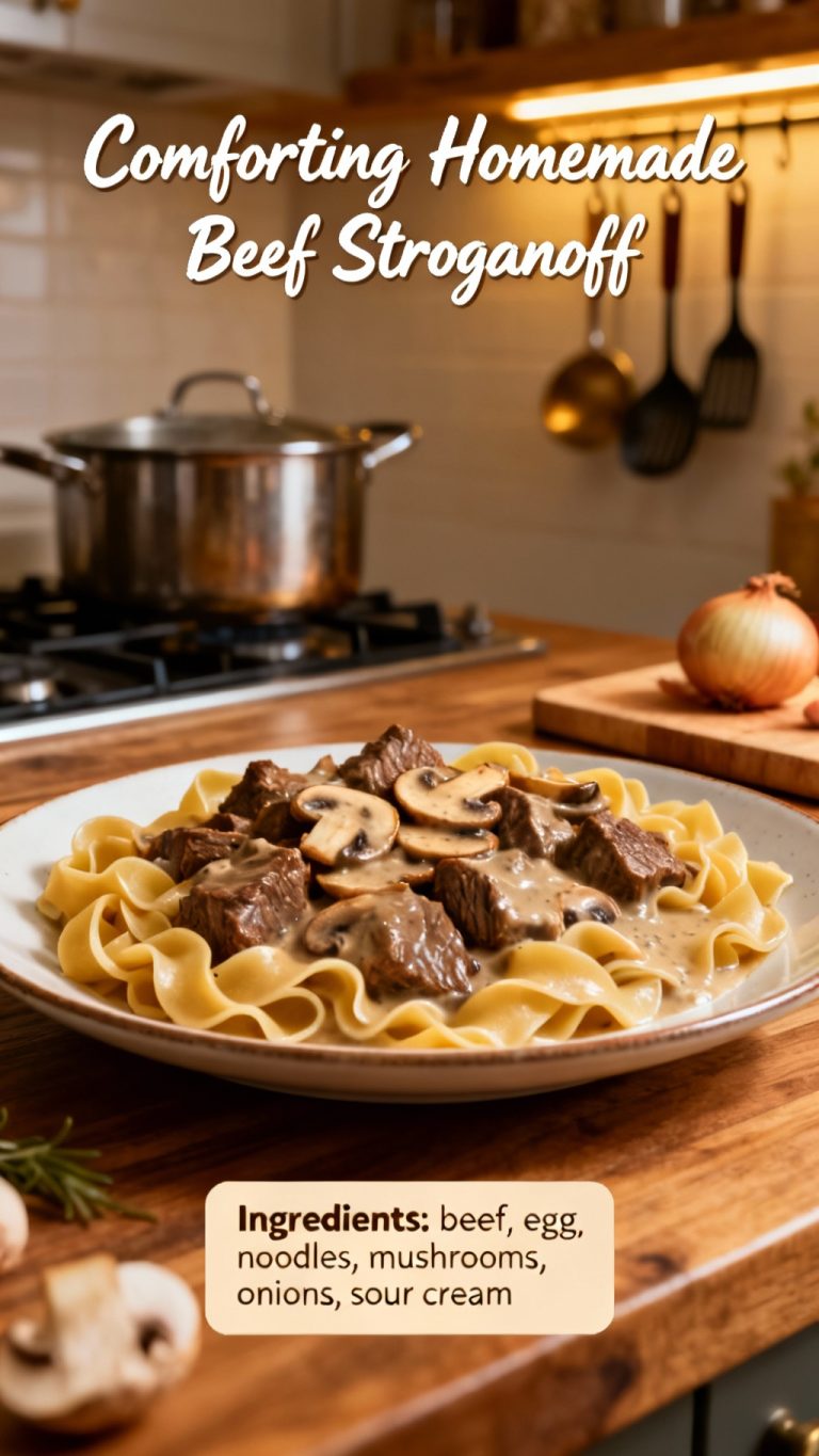 Comforting Homemade Beef Stroganoff Recipe. Realistic Photo Casual Kitchen Settings