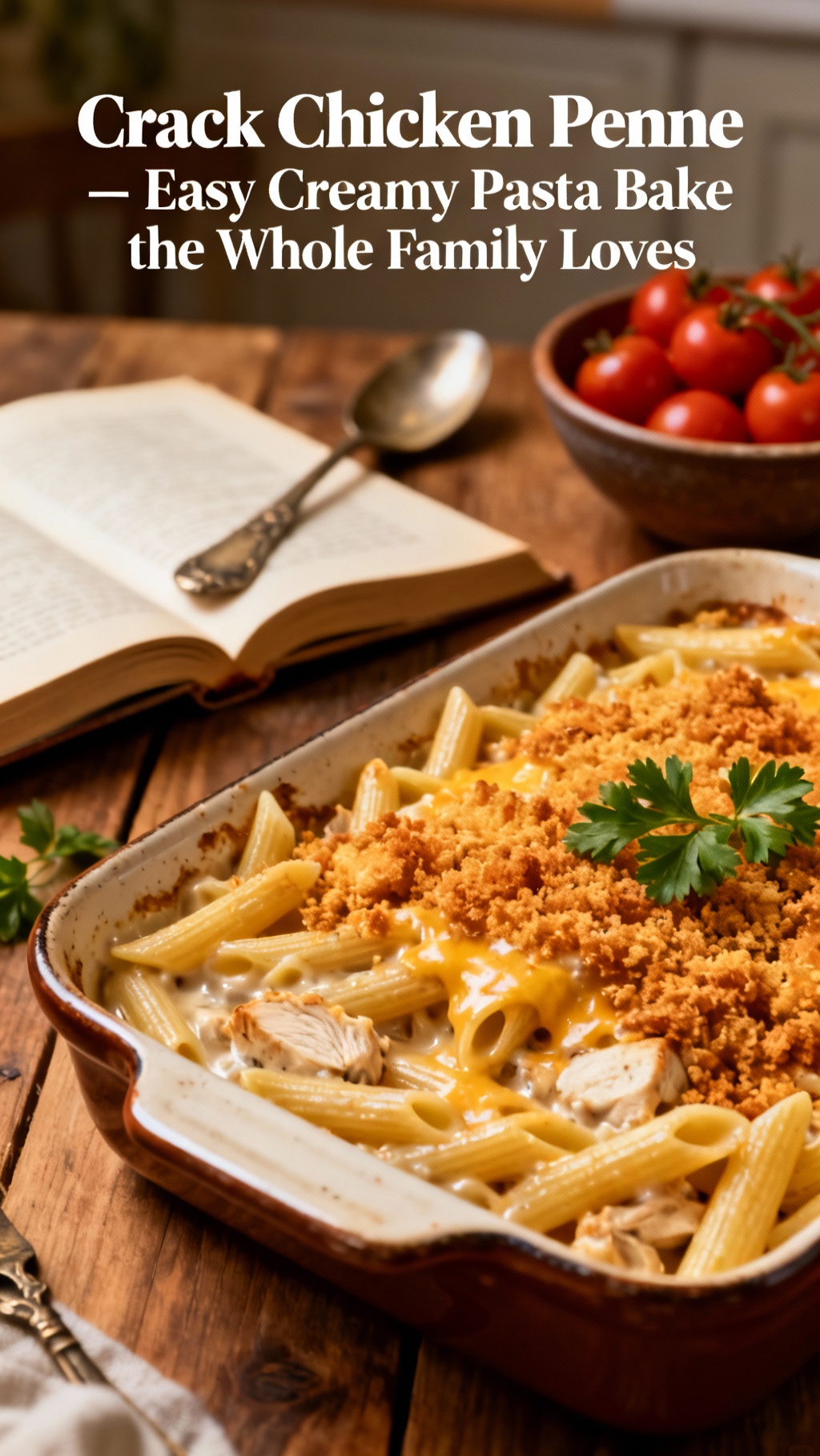 Crack Chicken Penne – Easy Creamy Pasta Bake The Whole Family Loves. Realistic Photo Casual Kitchen Settings