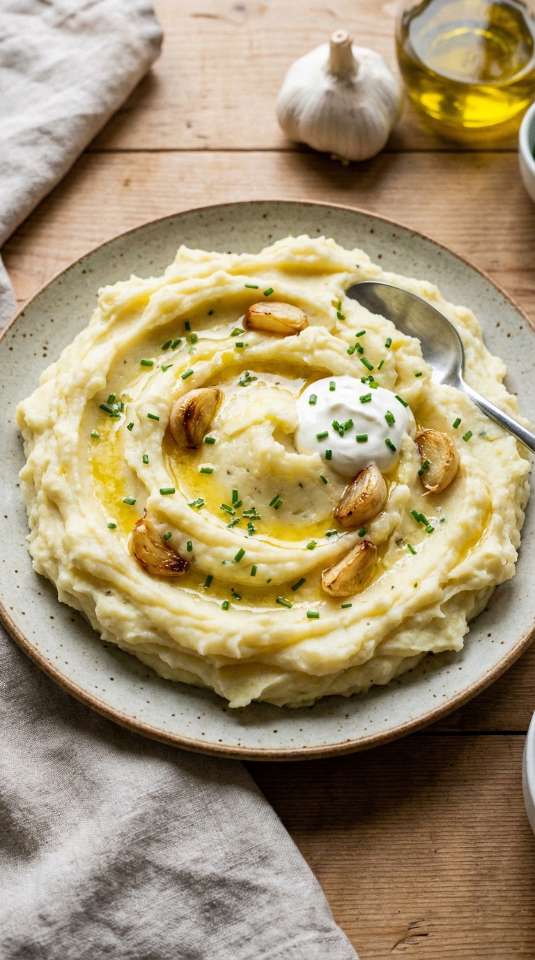 Creamy Garlic Mashed Potatoes With Sour Cream — Comforting Side Dish Recipe. Close Up Plate Casual Kitchen Settings
