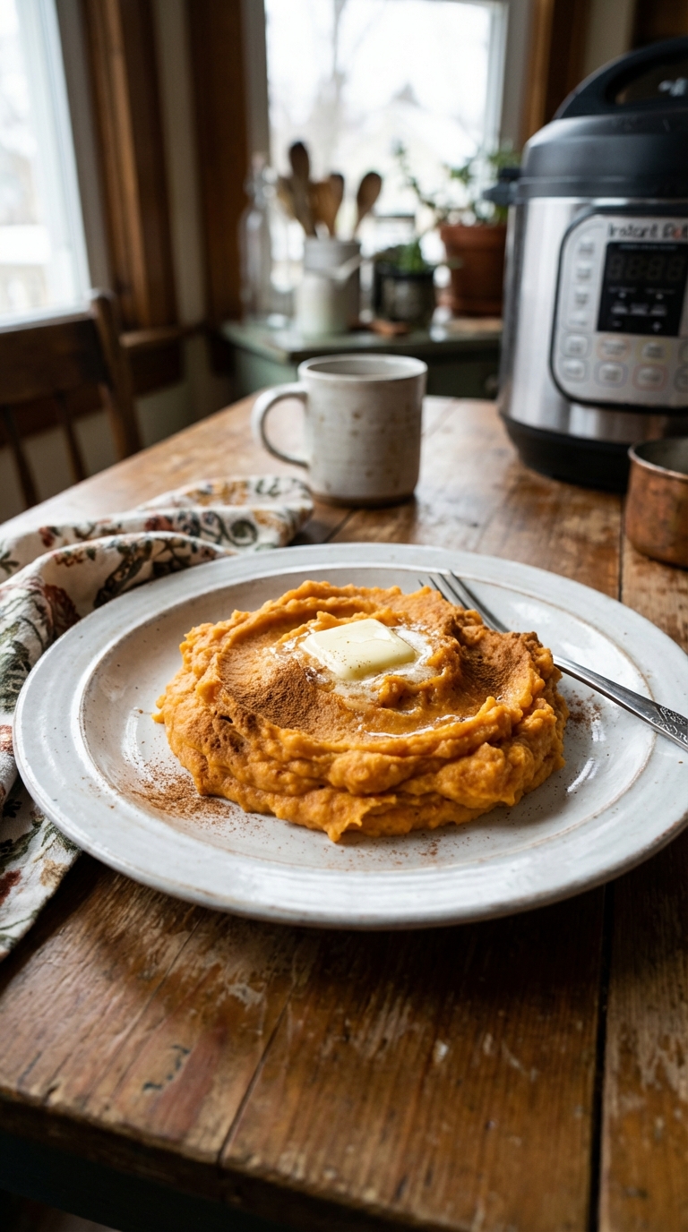 Creamy Instant Pot Mashed Sweet Potatoes With Cinnamon — Quick Comforting And Ready In 30 Minutes. Close Up Plate Casual Kitchen Settings