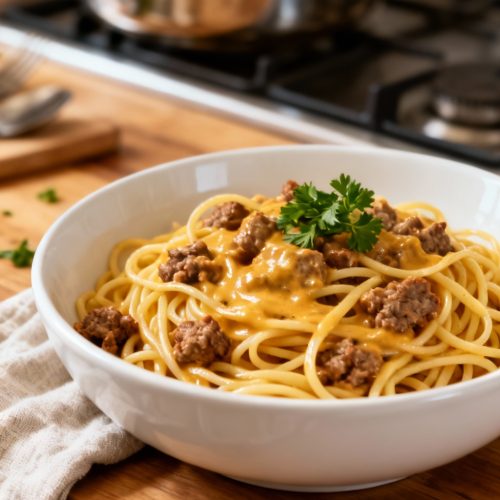 Creamy Italian Spaghetti And Ground Beef – Easy Weeknight Pasta Recipe. Realistic Photo Casual Kitchen Settings