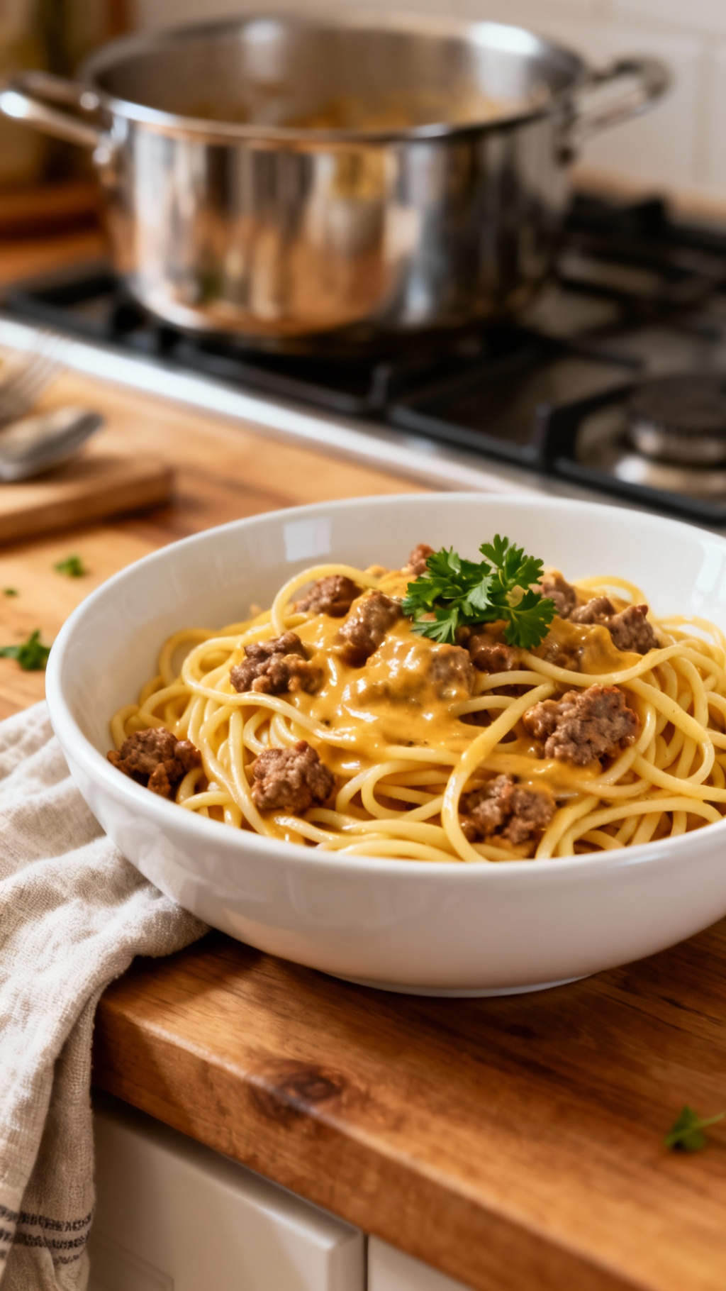 Creamy Italian Spaghetti And Ground Beef – Easy Weeknight Pasta Recipe. Realistic Photo Casual Kitchen Settings