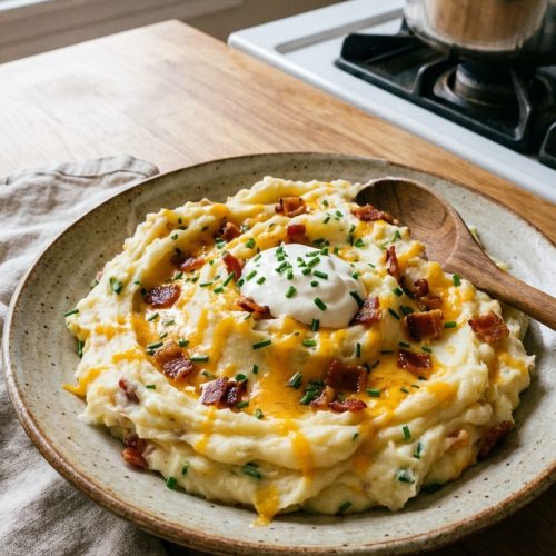 Creamy Loaded Mashed Potatoes The Ultimate Comfort Side Dish Recipe. Close Up Plate Casual Kitchen Settings