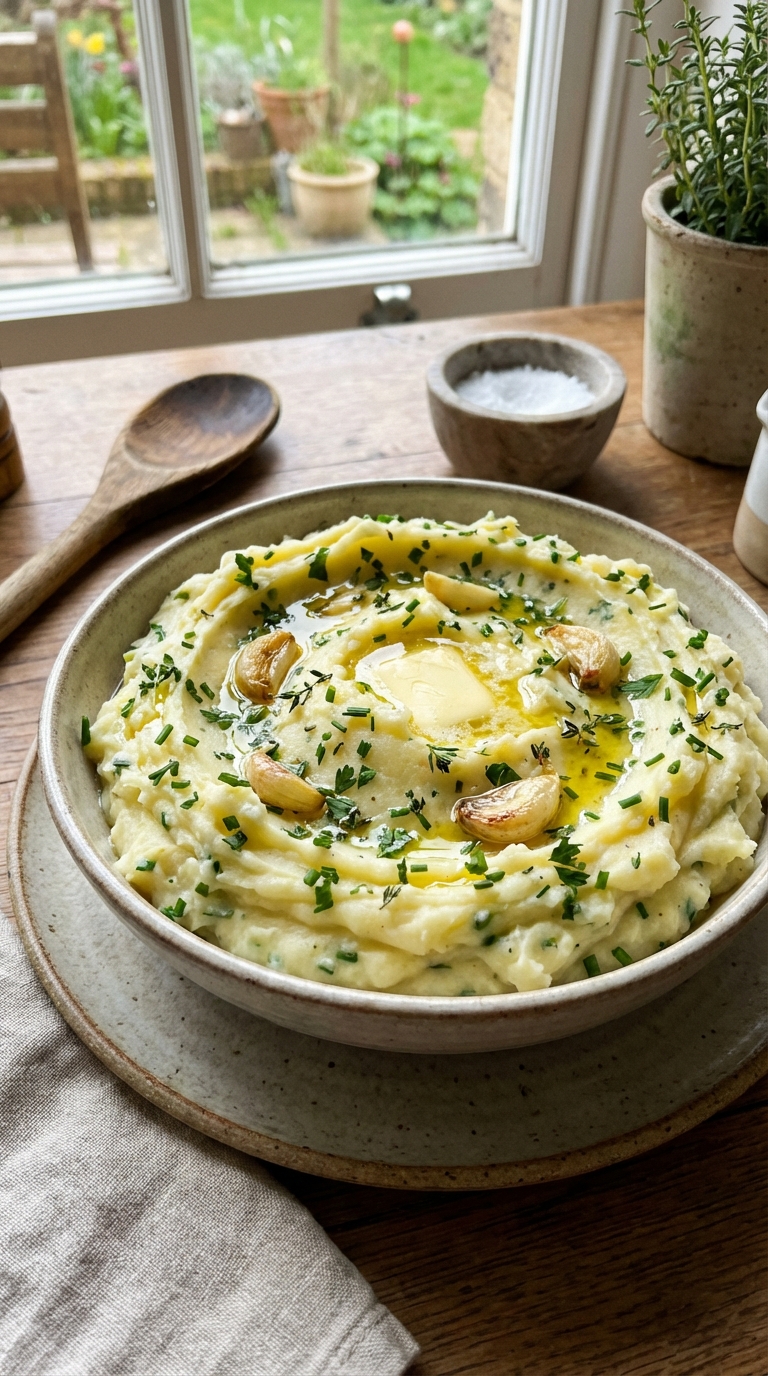 Creamy Mashed Potatoes With Fresh Herbs And Garlic — Foolproof Comfort Side. Close Up Plate Casual Kitchen Settings