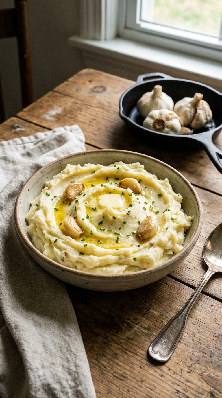 Creamy Roasted Garlic Mashed Potatoes — The Best Comfort Side Dish. Close Up Plate Casual Kitchen Settings