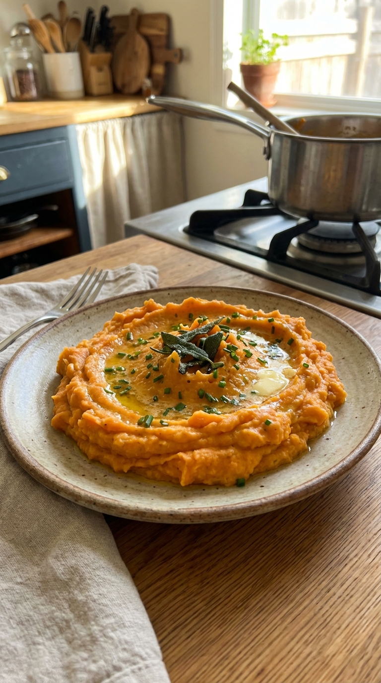 Creamy Savory Mashed Sweet Potatoes Simple Comforting Side In 30 Minutes. Close Up Plate Casual Kitchen Settings