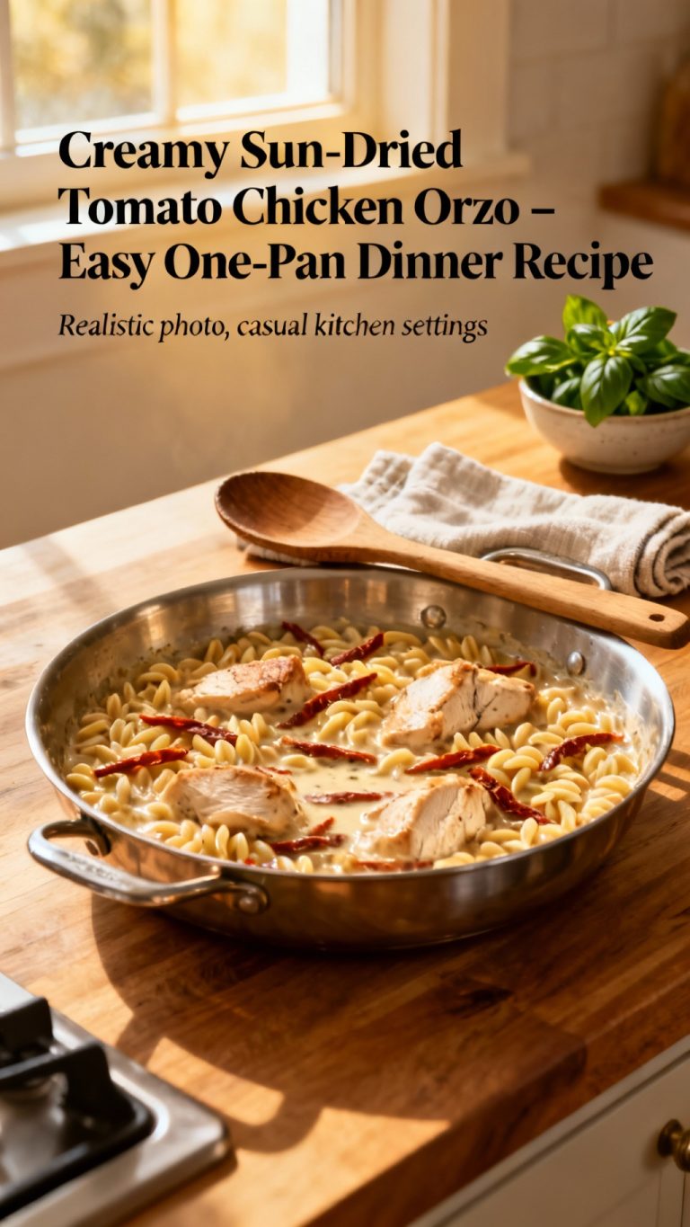 Creamy Sun Dried Tomato Chicken Orzo – Easy One Pan Dinner Recipe. Realistic Photo Casual Kitchen Settings