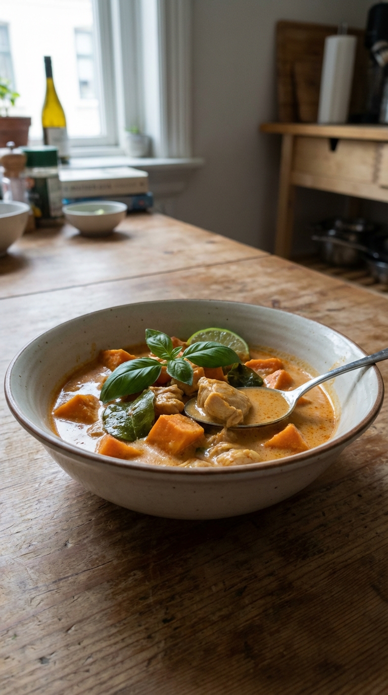 Creamy Thai Red Curry Chicken With Sweet Potatoes Cozy Weeknight Meal. Close Up Realistic Photo Casual Kitchen Settings