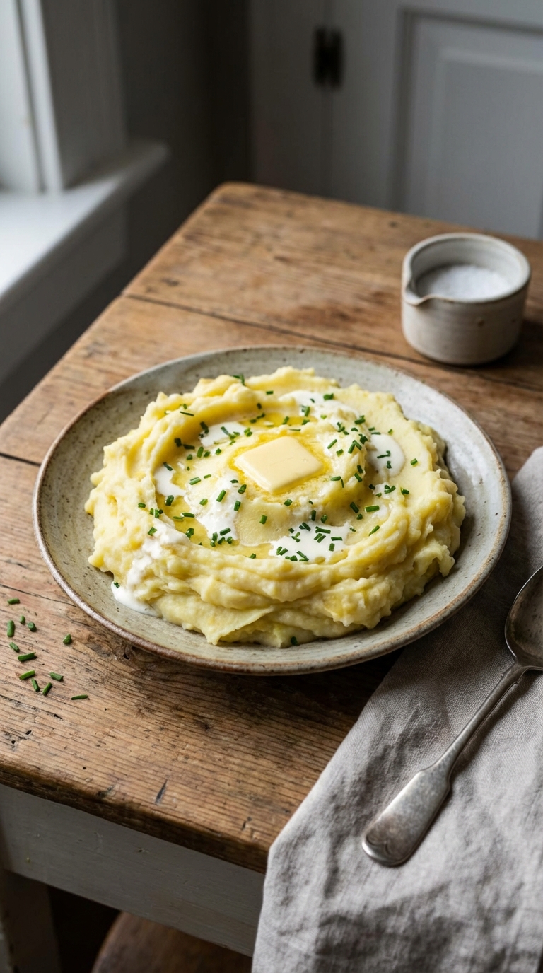 Creamy Yukon Gold Mashed Potatoes — The Ultimate Comfort Side Dish. Close Up Plate Casual Kitchen Settings