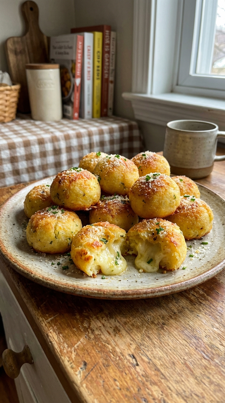 Crispy Cheesy Mashed Potato Puffs A Cozy Crowd Pleasing Snack. Close Up Plate Casual Kitchen Settings