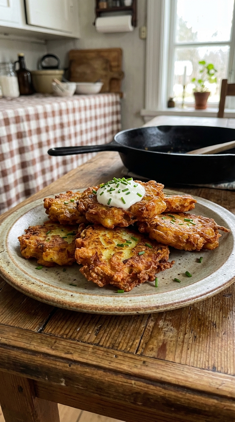 Crispy Comforting Easy Mashed Potato Fritters — A Simple Weeknight Favorite. Close Up Plate Casual Kitchen Settings