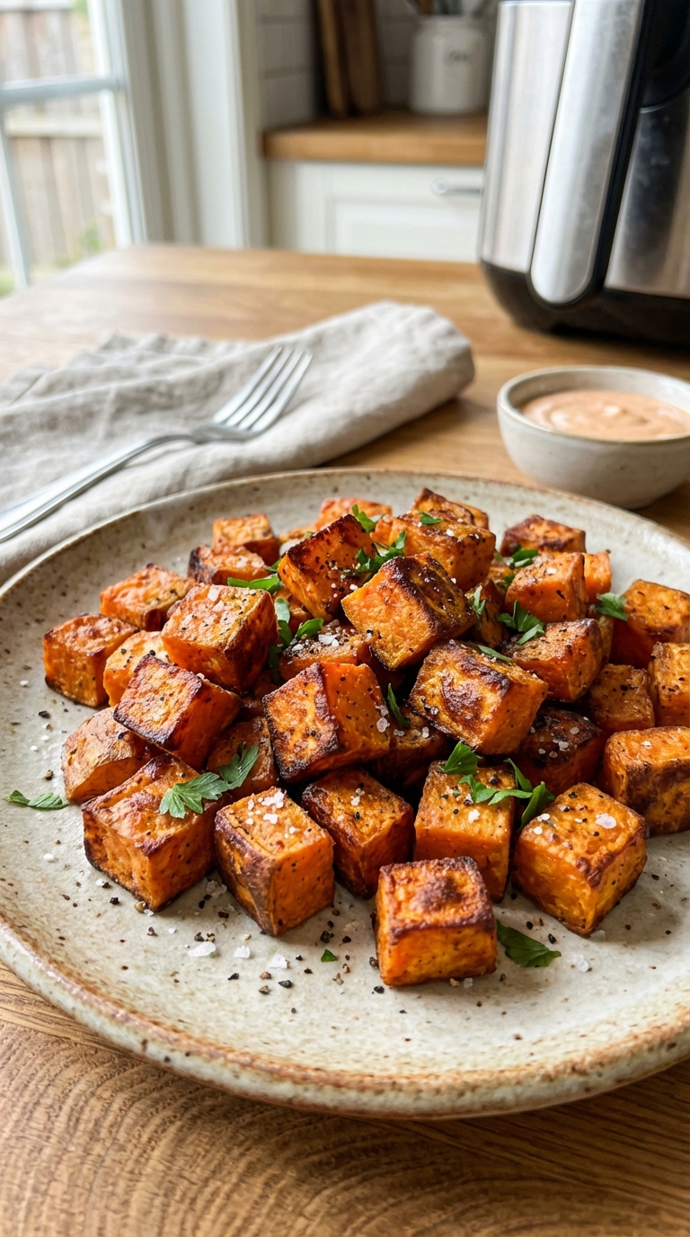 Crispy Easy Best Air Fryer Roasted Sweet Potato Cubes — Fast Weeknight Side. Close Up Plate Casual Kitchen Settings
