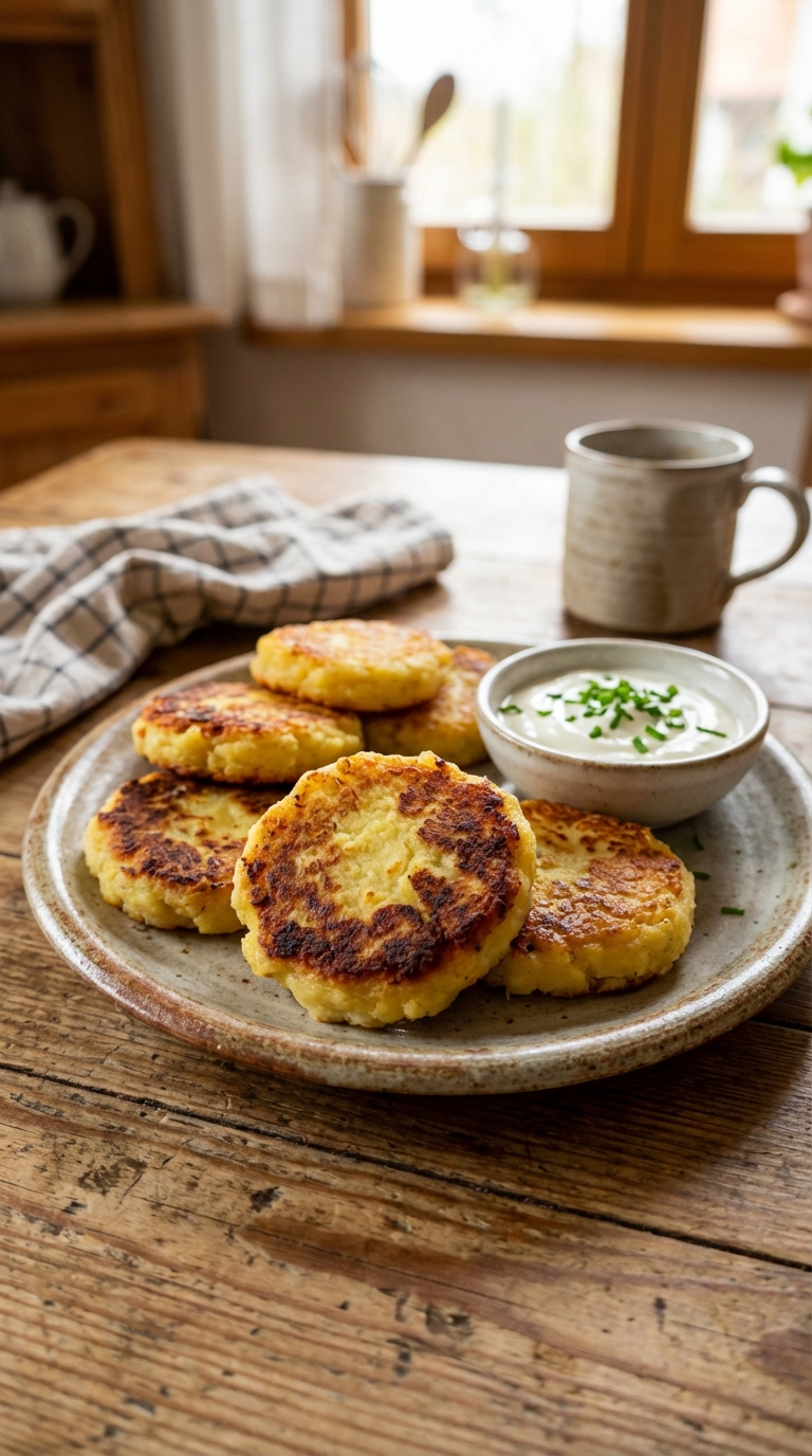 Crispy Leftover Fried Mashed Potatoes — Easy Comforting And Faster Than You Think. Close Up Plate Casual Kitchen Settings
