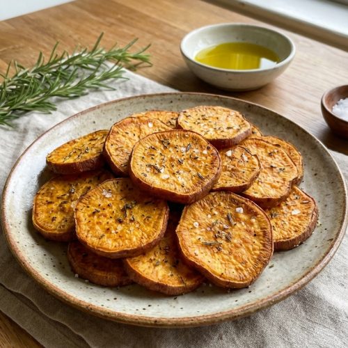 Crispy Oven Baked Sweet Potato Slices — Easy Healthy Weeknight Side. Close Up Plate Casual Kitchen Settings