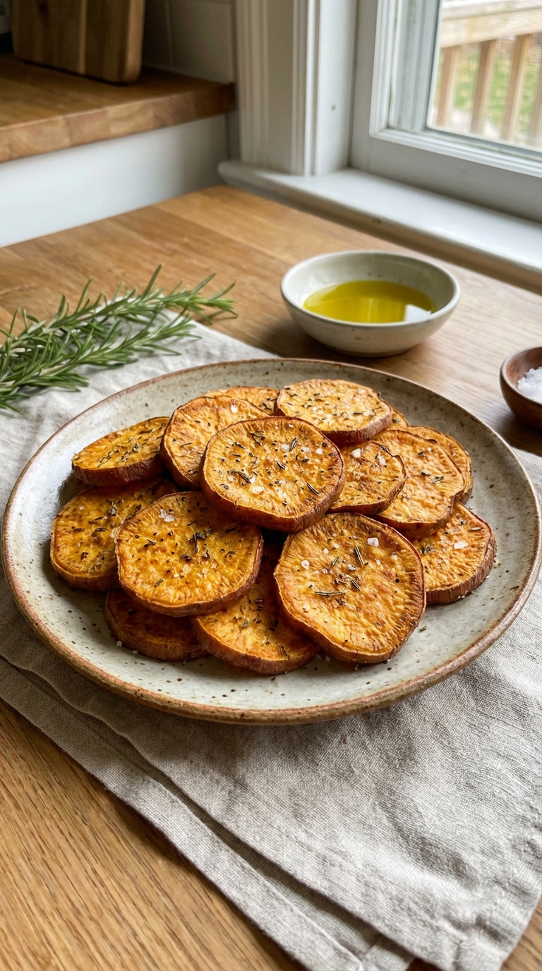 Crispy Oven Baked Sweet Potato Slices — Easy Healthy Weeknight Side. Close Up Plate Casual Kitchen Settings