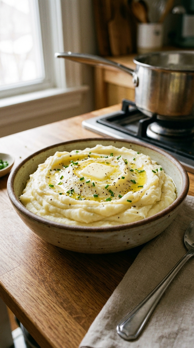 Decadent Cream Cheese Mashed Potatoes — Rich Silky And Easy Recipe. Close Up Plate Casual Kitchen Settings
