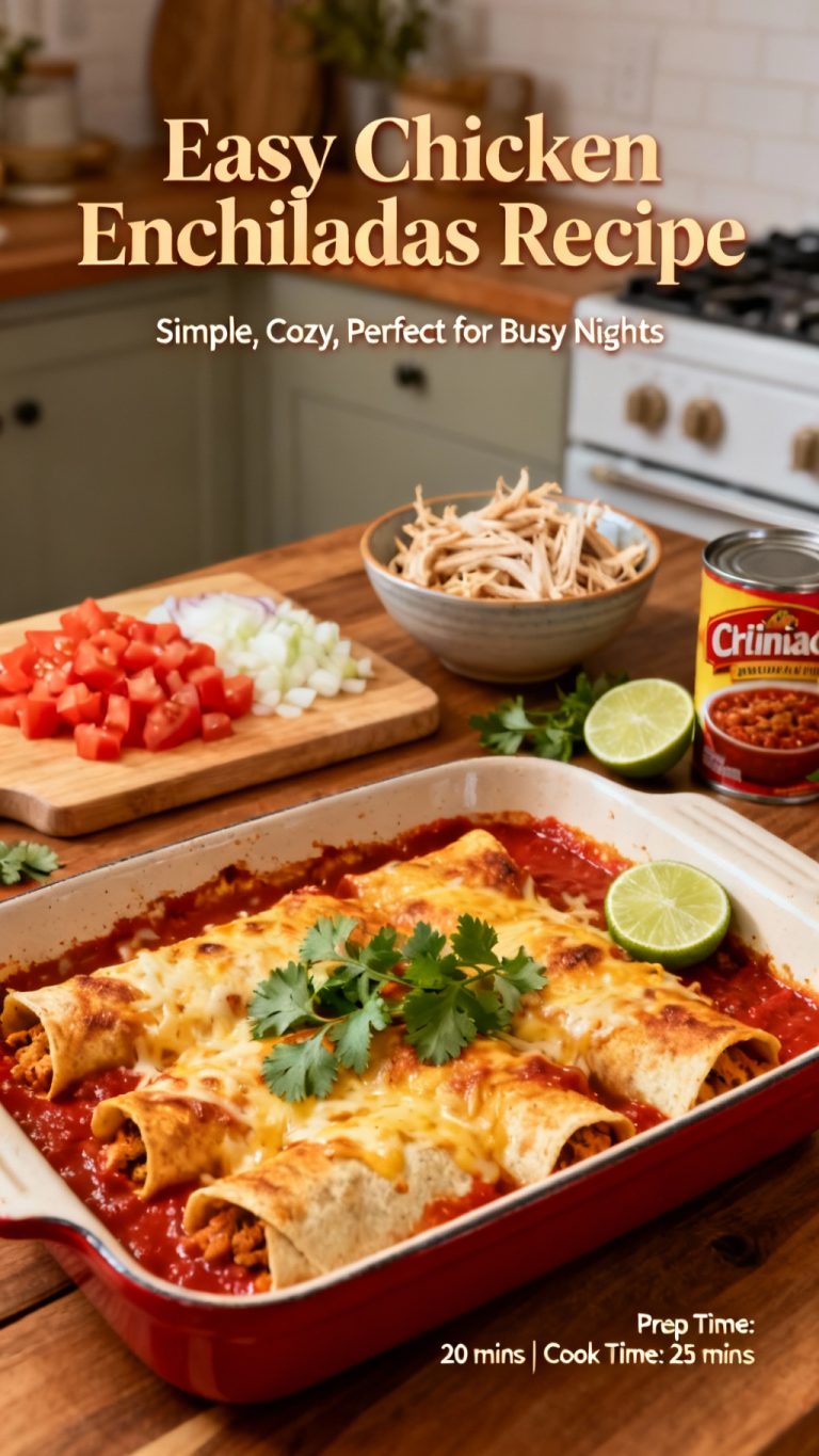 Easy Chicken Enchiladas Recipe – Simple Cozy And Perfect For Busy Nights. Realistic Photo Casual Kitchen Settings