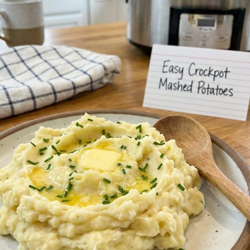 Easy Crockpot Mashed Potatoes Recipe — Creamy Hands Off Comfort. Close Up Plate Casual Kitchen Settings