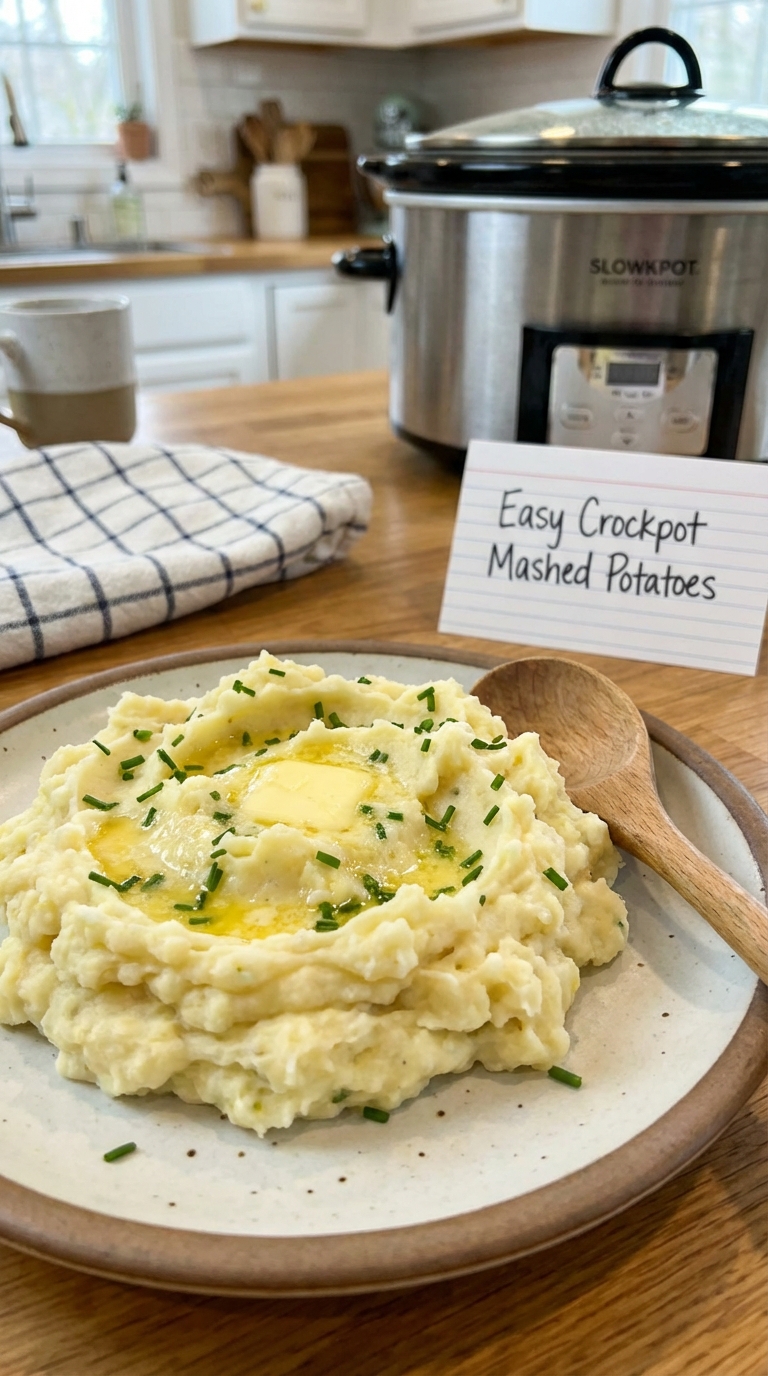 Easy Crockpot Mashed Potatoes Recipe — Creamy Hands Off Comfort. Close Up Plate Casual Kitchen Settings