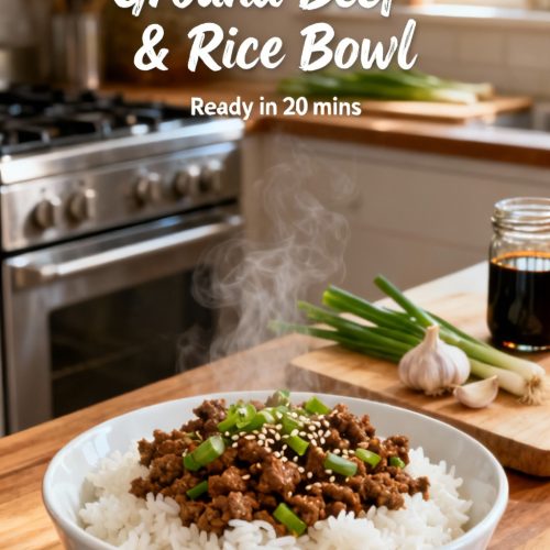 Easy Korean Ground Beef And Rice Bowl Recipe. Realistic Photo Casual Kitchen Settings