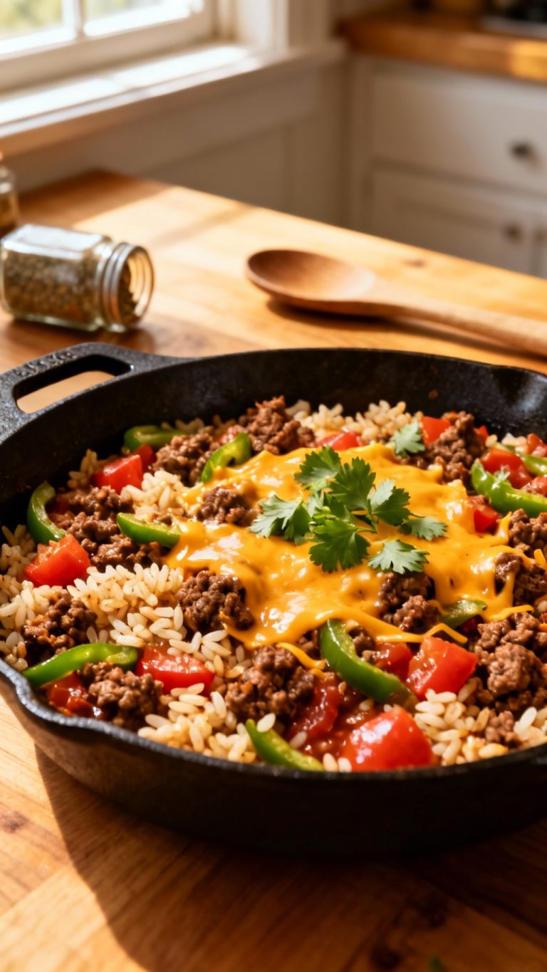 Easy Mexican Beef And Rice Skillet – One Pan Weeknight Dinner. Realistic Photo Casual Kitchen Settings
