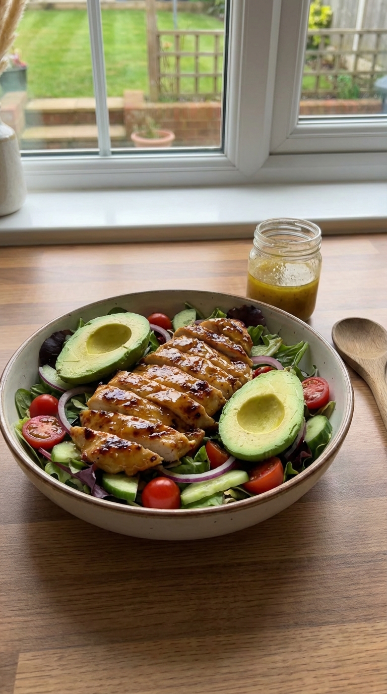 Fresh Flavorful Honey Mustard Glazed Chicken And Avocado Salad Recipe. Close Up Realistic Photo Casual Kitchen Settings