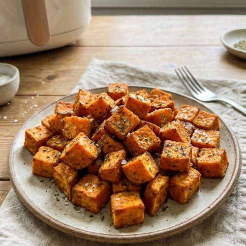 Healthy Crispy Air Fryer Roasted Sweet Potatoes Easy Weeknight Side In 25 Minutes. Close Up Plate Casual Kitchen Settings