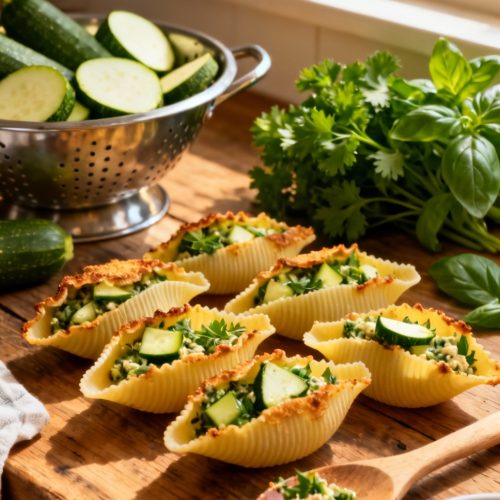 Herb And Zucchini Stuffed Jumbo Shells Recipe. Realistic Photo Casual Kitchen Settings