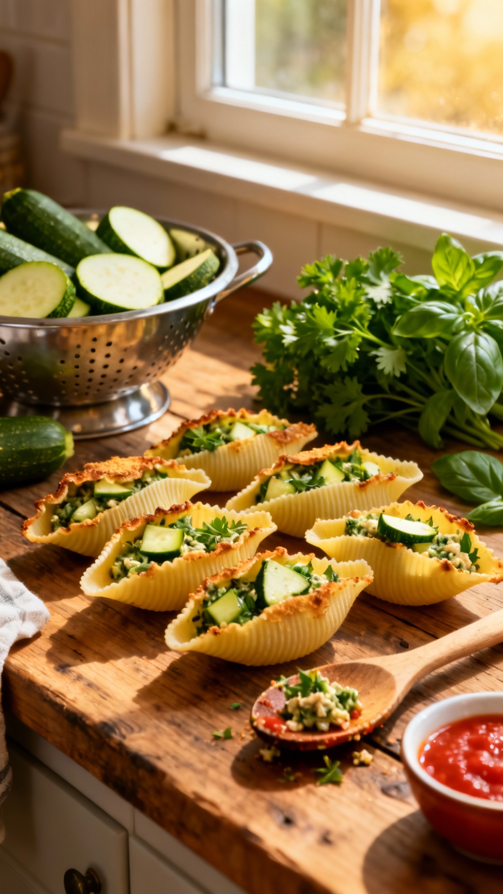 Herb And Zucchini Stuffed Jumbo Shells Recipe. Realistic Photo Casual Kitchen Settings