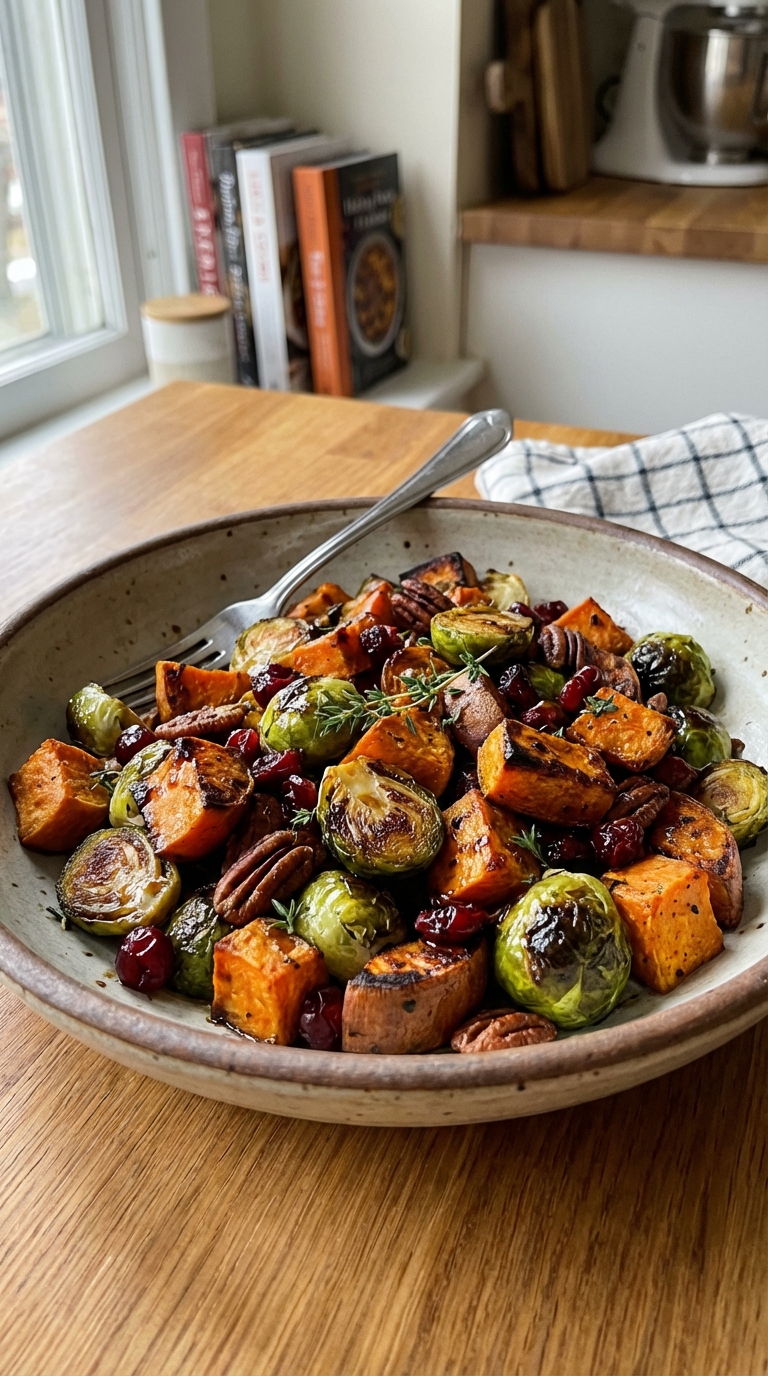 Honey Balsamic Roasted Sweet Potatoes And Brussels Sprouts Simple Cozy Weeknight Favorite. Close Up Realistic Photo Casual Kitchen Settings
