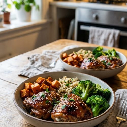 Honey Garlic Chicken And Sweet Potato Bowls A Cozy Weeknight Favorite. Close Up Realistic Photo Casual Kitchen Settings