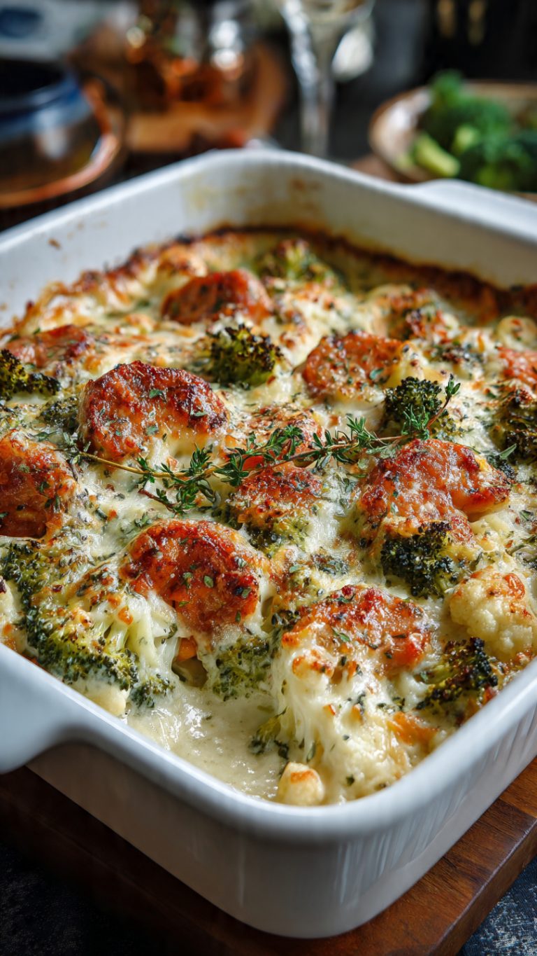 Keto Broccoli And Cauliflower Au Gratin With Sausage