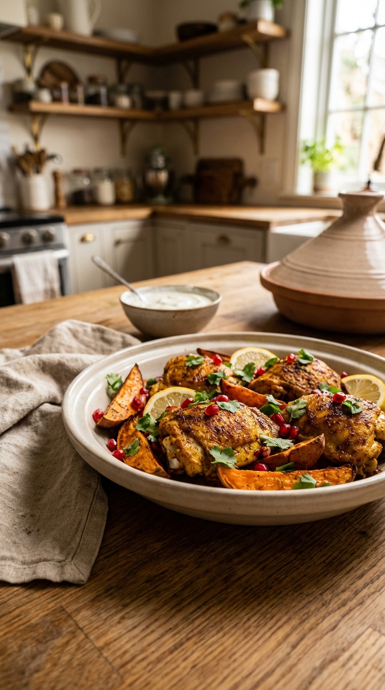 Moroccan Style Spiced Chicken Thighs With Sweet Potatoes A Cozy Weeknight Favorite. Close Up Realistic Photo Casual Kitchen Settings