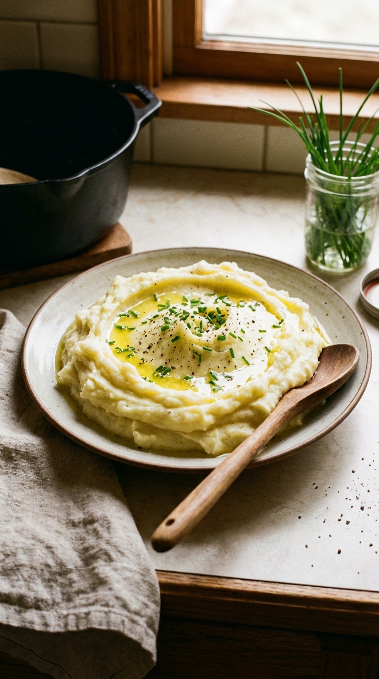 Perfect Creamy Mashed Potatoes Foolproof Comfort Style Recipe. Close Up Plate Casual Kitchen Settings