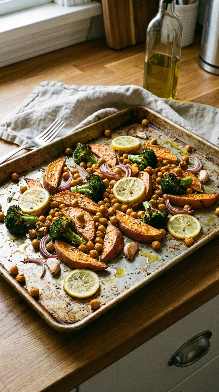 Sheet Pan Roasted Sweet Potatoes Broccoli And Chickpeas Easy Weeknight Dinner You Can Customize. Close Up Realistic Photo Casual Kitchen Settings