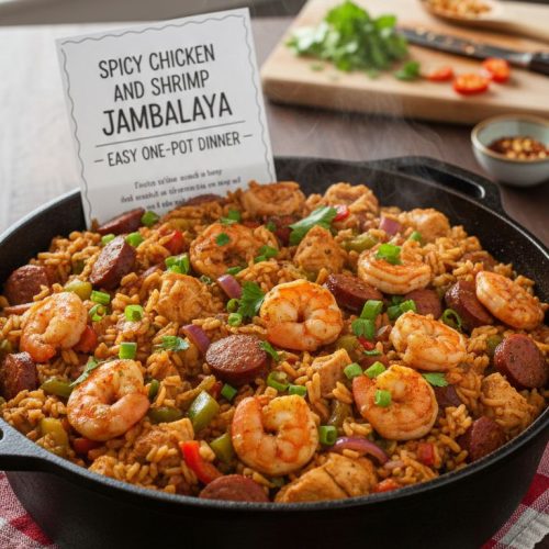Spicy Chicken And Shrimp Jambalaya Recipe – Easy One Pot Dinner. Realistic Photo Casual Kitchen Settings