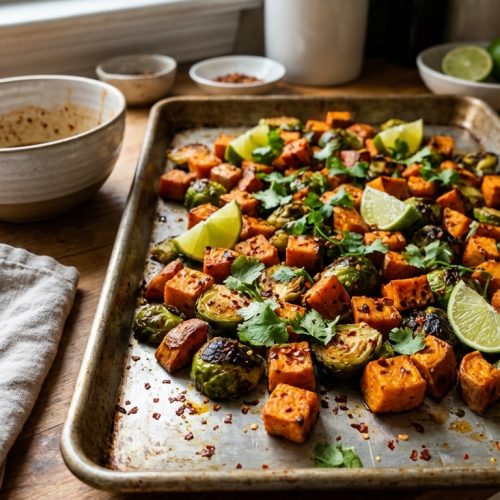 Spicy Chili Lime Roasted Sweet Potatoes And Brussels Sprouts A Cozy Flavor Pilled Sheet Pan Dinner. Close Up Realistic Photo Casual Kitchen Settings