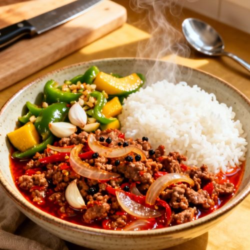 Spicy Ground Beef Stir Fry Bowl With Garlic Veggies And Steamy Rice. Realistic Photo Casual Kitchen Settings