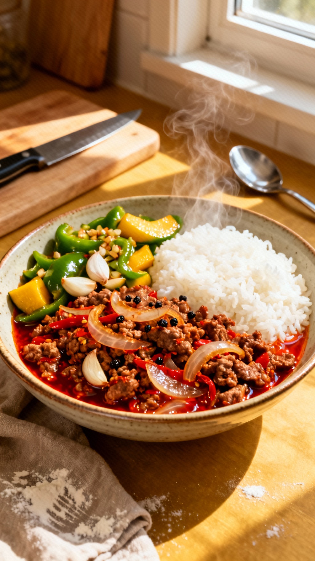 Spicy Ground Beef Stir Fry Bowl With Garlic Veggies And Steamy Rice. Realistic Photo Casual Kitchen Settings