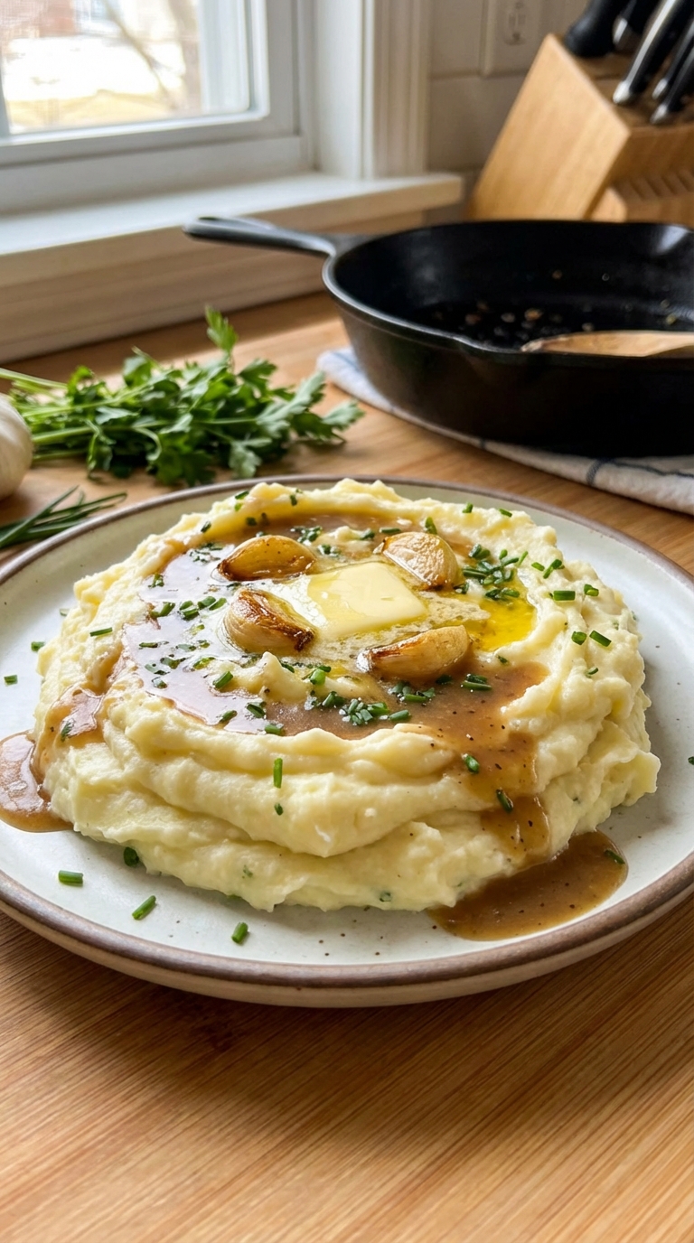 Steakhouse Style Garlic Mashed Potatoes Recipe — Creamy Buttery And Easy. Close Up Plate Casual Kitchen Settings