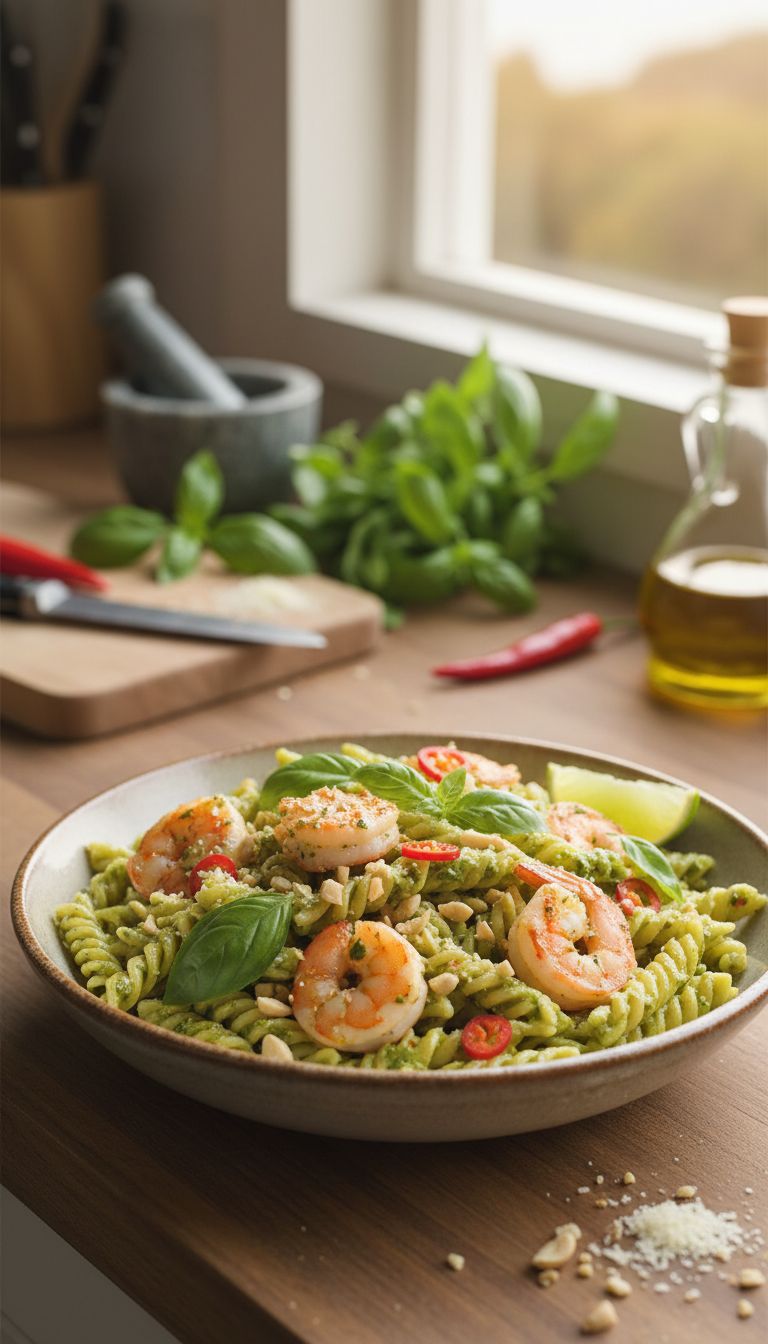 Thai Shrimp Basil Pesto Pasta – Easy Weeknight Recipe With Fresh Flavor. Realistic Photo Casual Kitchen Settings