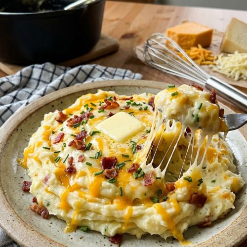 Ultimate Cheesy Mashed Potatoes — Creamy Comforting And Easy. Close Up Plate Casual Kitchen Settings